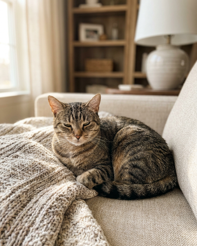 Calm and relaxed cat at home after using Kachews