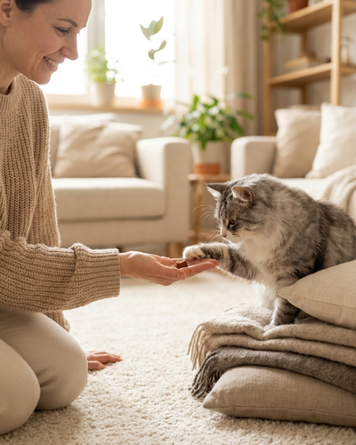 Cat enjoying daily calming chew and showing relaxed behavior